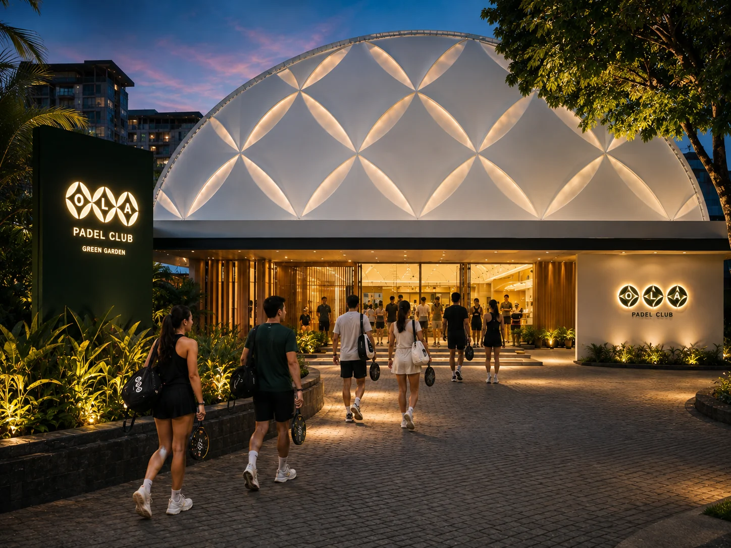 OLA Padel Club Green Garden entrance at dusk