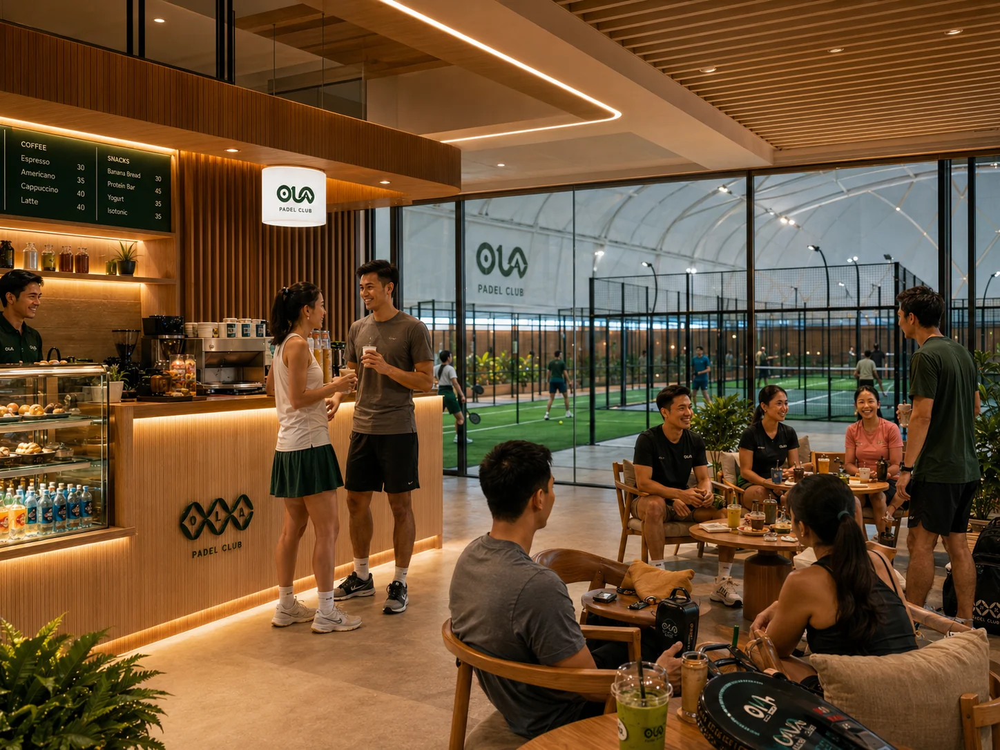 OLA café and lounge overlooking the padel courts