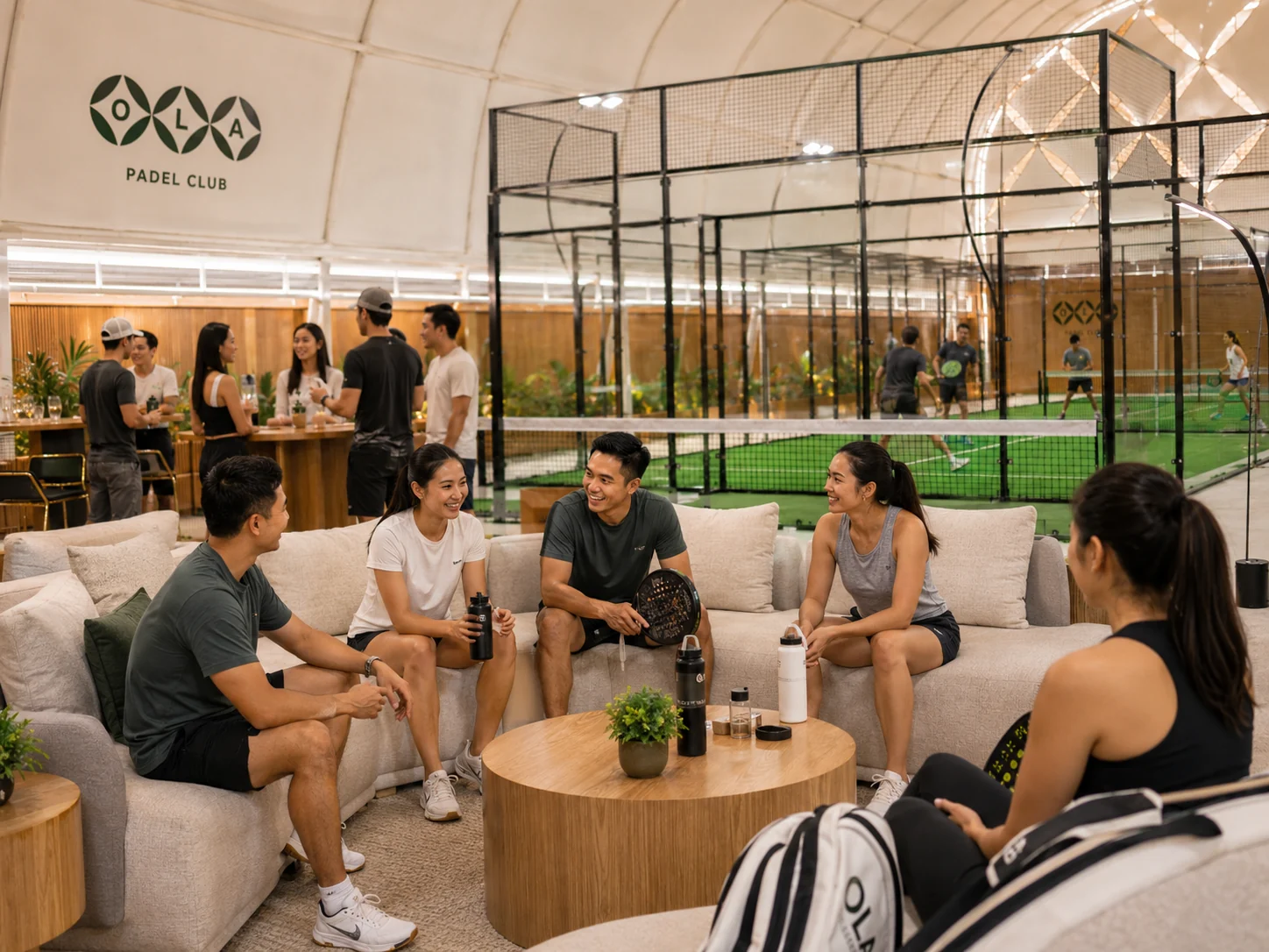 OLA community lounge with players relaxing after padel