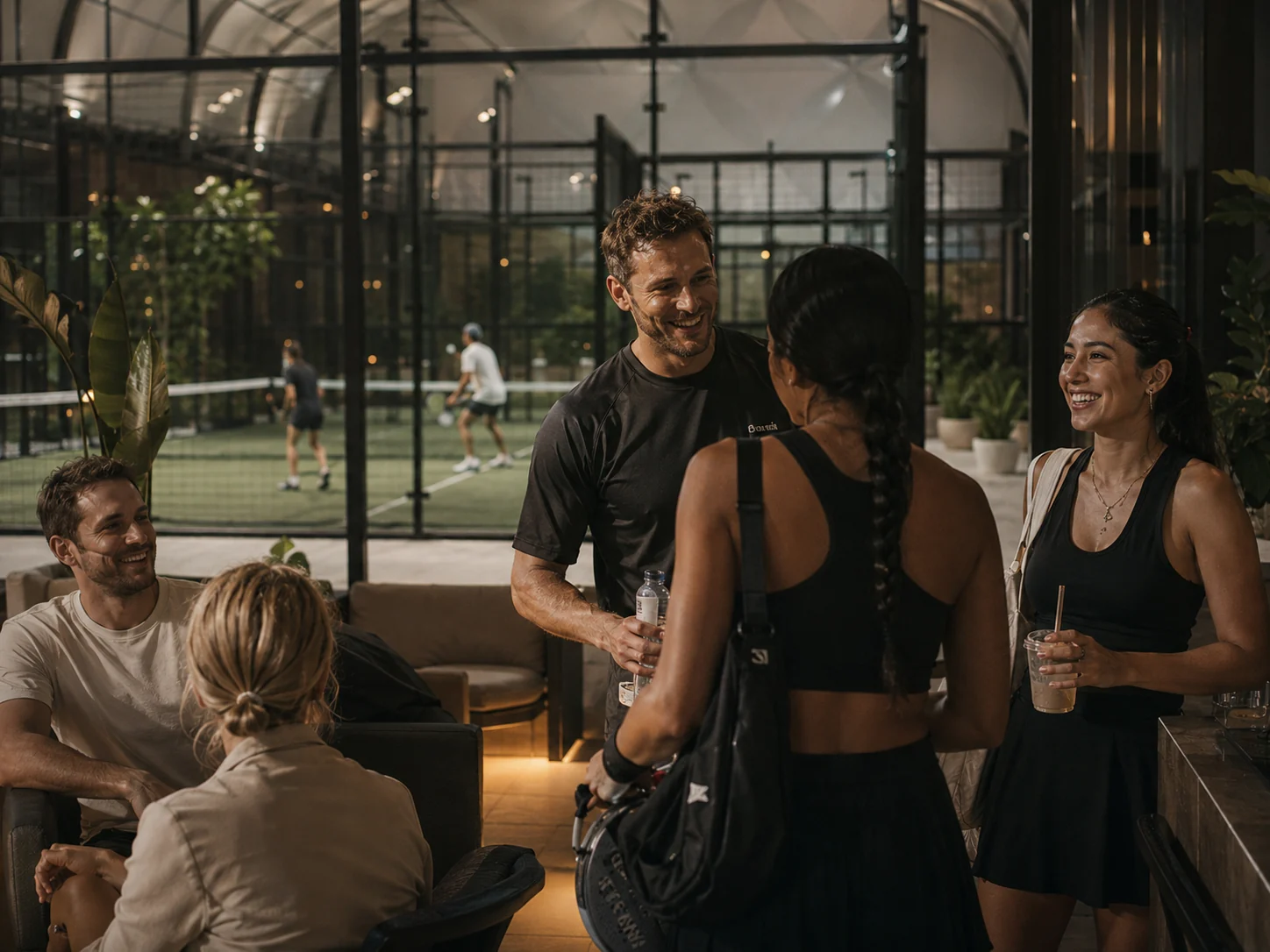 Players and friends socialising at OLA Padel Club