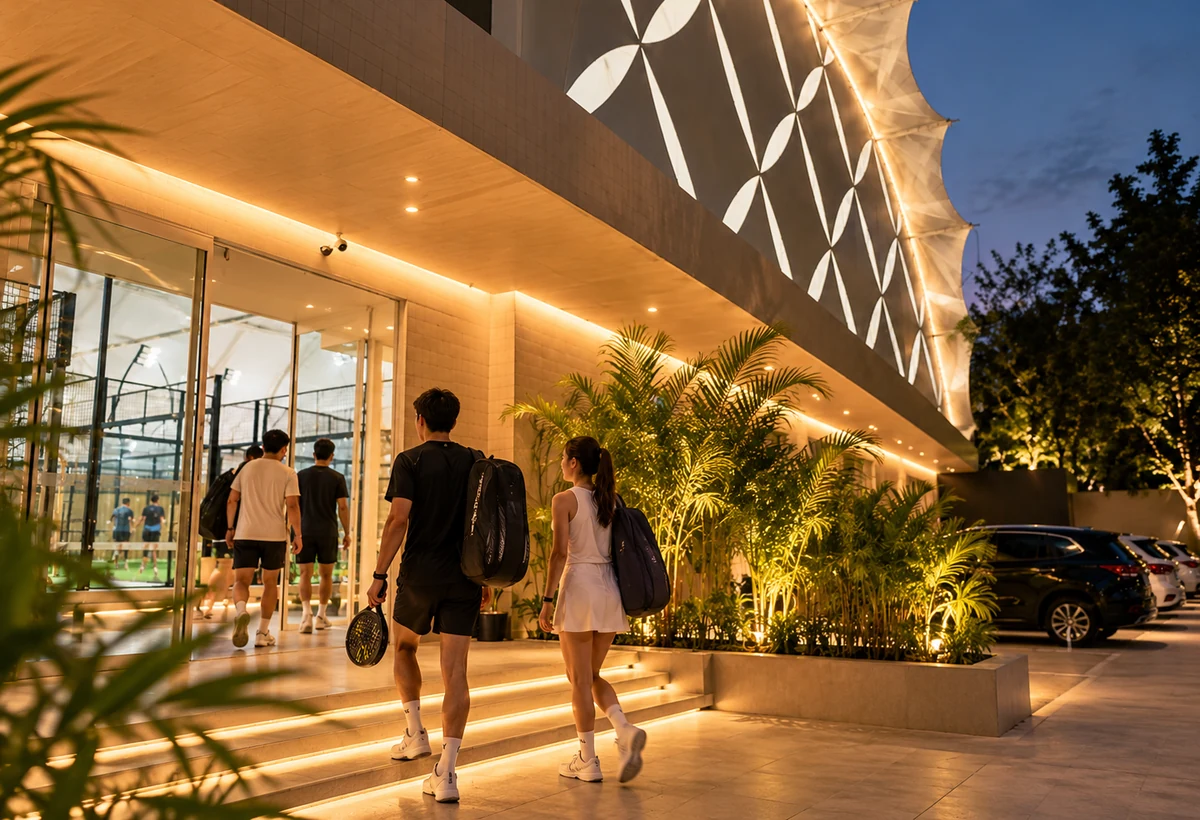 Guests arriving at OLA Padel Club in the evening.