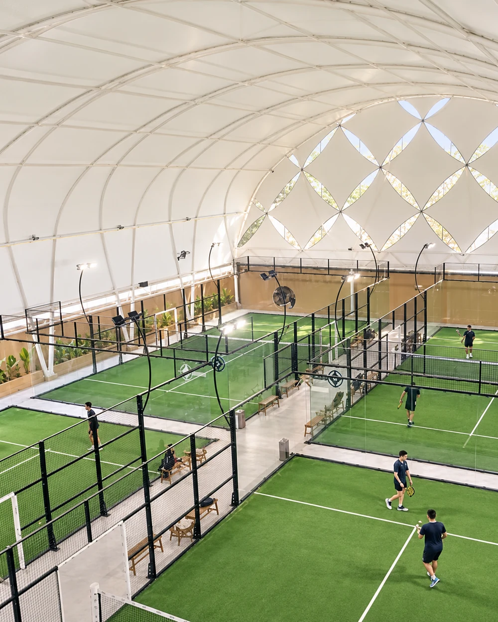 Elevated view of OLA indoor padel courts.